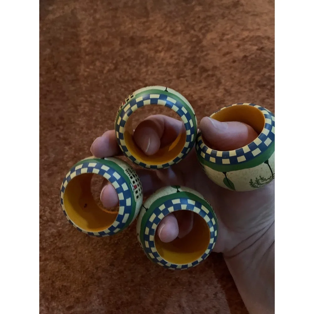 Vintage Folk Art Style Napkin Rings‎ Set of 4 Colonial House Willow Tree Blue